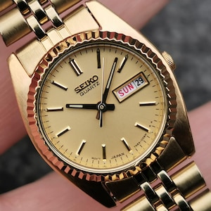 1997 Seiko Presidential Quartz Watch, Lumi Hands, Date, Gold Plated Stainless Steel Bracelet, Vintage Collectable