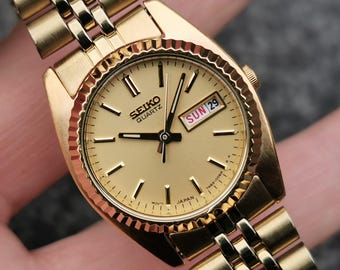 1997 Seiko Presidential Quartz Watch, Lumi Hands, Date, Gold Plated Stainless Steel Bracelet, Vintage Collectable