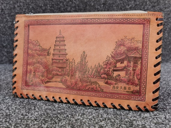 Giant Wild Goose Pagoda China, Vintage Tan Tooled… - image 1