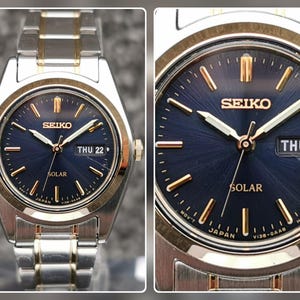 Seiko SOLAR-klocka, blå urtavla, ljusgrå visare, E/F-dagarsdatum, rostfritt stålarmband bild 12