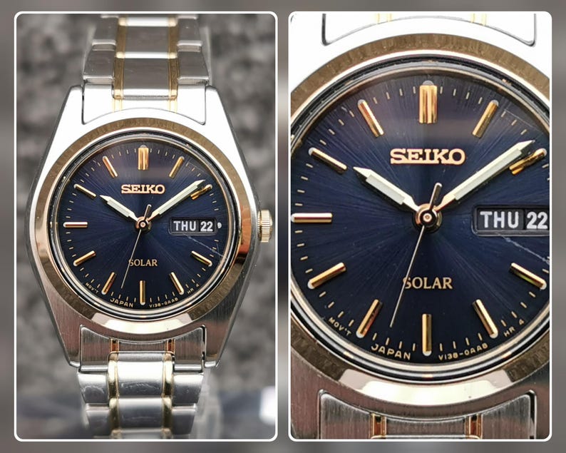 Seiko SOLAR-klocka, blå urtavla, ljusgrå visare, E/F-dagarsdatum, rostfritt stålarmband bild 12
