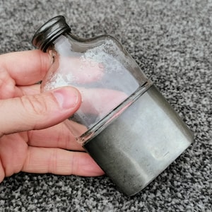 Antique 4.6&quot; Hip Flask, Blown Glass, Pewter Screw Top Cap Removable Drinking Cup