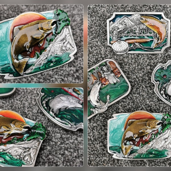 USA Vintage Siskiyou Pewter & Enamel Belt Buckle, Fishing Design, Choice of 4 Sold Separately