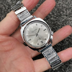 Teltime Vintage Watch, Cushion Bezel,  Round Dial, Stainless Steel Bracelet, Gift For Him Idea!