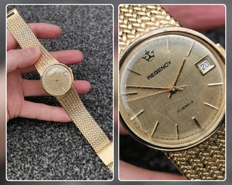 Montre homme vintage des années 1980, Regency Swiss Made, 17 rubis, plaqué or, bracelet effet maille requin