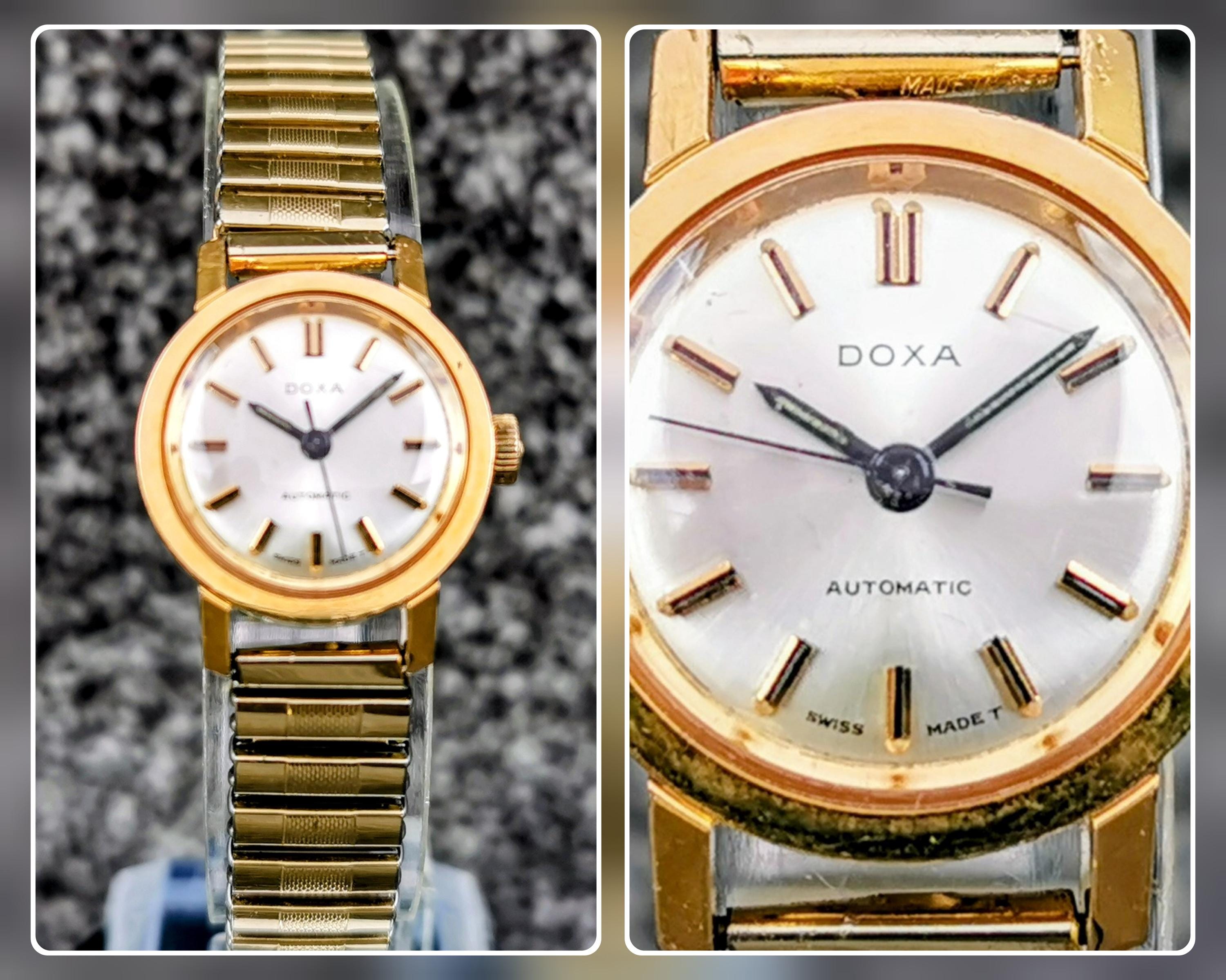 ヴィンテージ DOXA スイス製自動巻き腕時計、ラウンド型シルバー文字盤