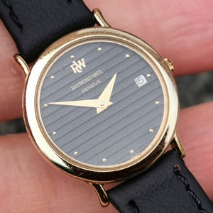 1990s Womens Raymond Weil Watch Swiss Made 18K Gold-Plated Case, Black Stripe Dial, Date Indicator, New Leather Strap