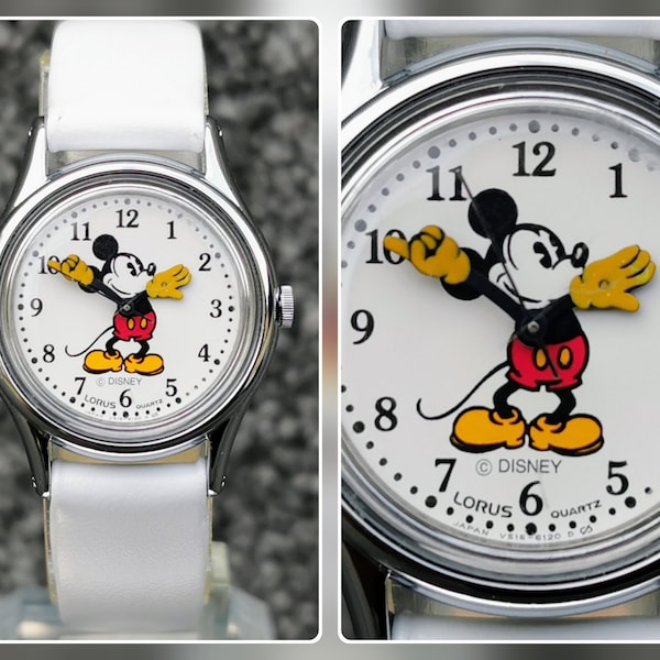 Mickey Mouse Watch Lorus Quartz White Dial & Leather Strap DISNEY V515-6080, 1980s Vintage