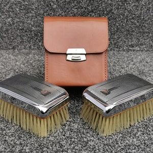 Vintage Grooming Set, 2 x Clothes and Hair Brush, Leather Case, Home and Travel