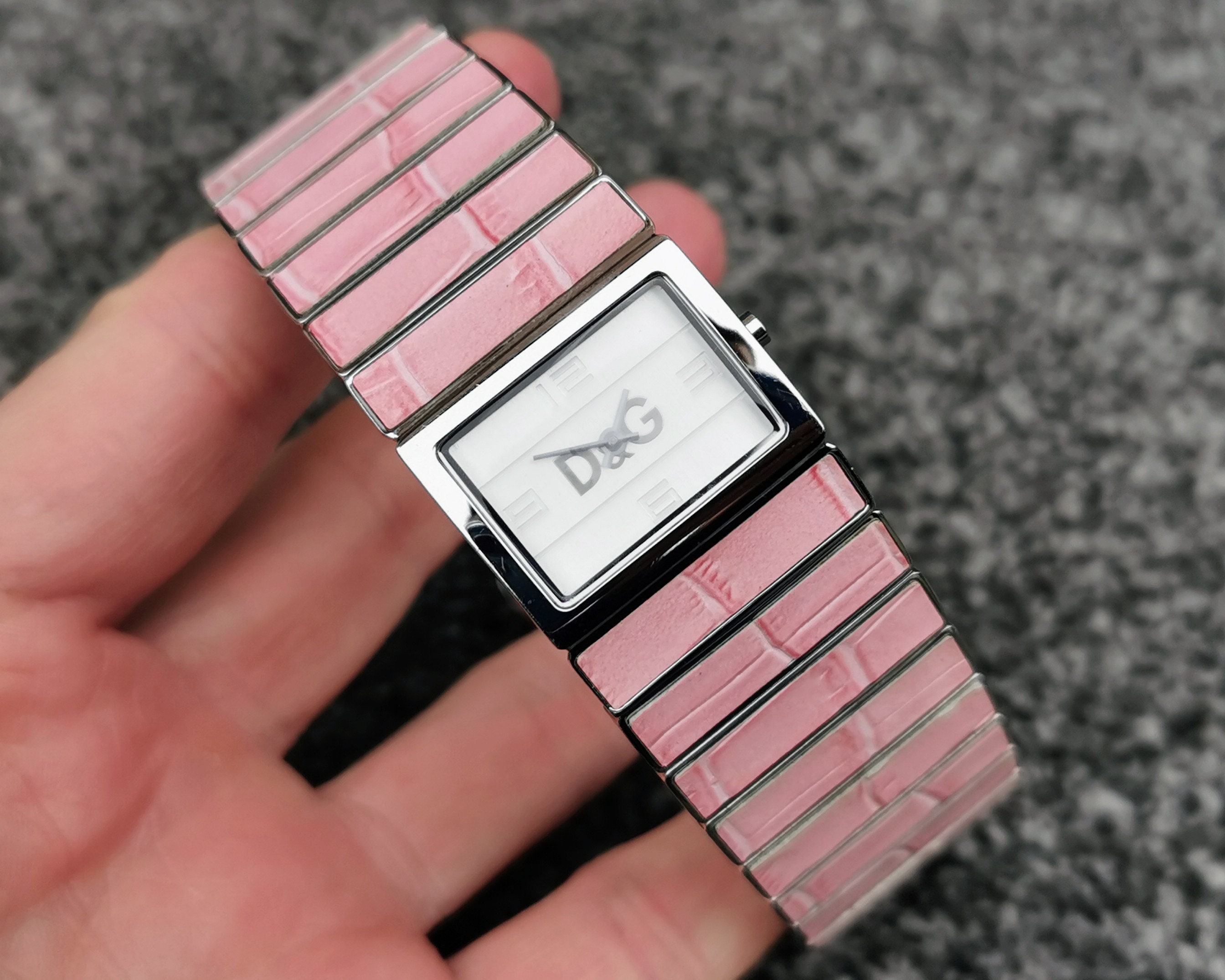 D G TIME Quartz Watch Pink Croco Grain Stainless Steel Cuff