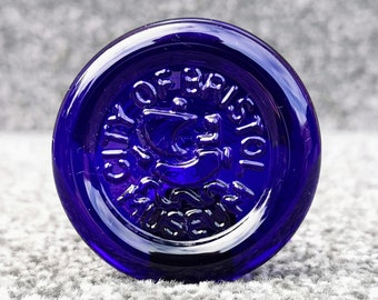 Vintage City Of Bristol Museum Miniature Blue Glass Coaster Cobalt Paperweight Ornament Light Diffuser, New Home Decor Gift Idea