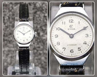 Sierlijk CYMA Cymaflex-dameshorloge, Zwitserse makelij, ronde wijzerplaat, roestvrij staal, leren band, jaren 1950
