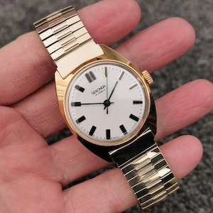 Sekonda Hand-Wind Watch, Round White Dial, Expanding Gold-Plated Bracelet, Vintage 1960s