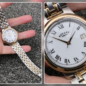 1980s Mens Vintage ROTARY Quartz Watch Round White Dial, Date Indicator, Two-Tone Gold-Plated Stainless Steel Bracelet