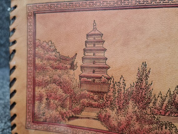 Giant Wild Goose Pagoda China, Vintage Tan Tooled… - image 2