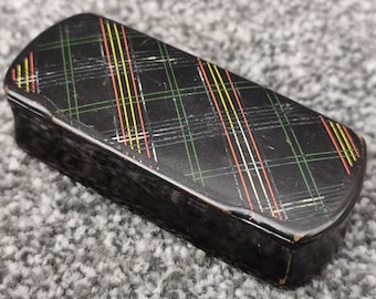 Mid 19th Century Antique Papier Mache Snuff Box With Hinged Lid, Geo Lid Design