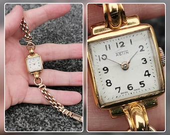 Vintage Astin mekanisk cocktailklocka från 1940-talet, 15 juveler, förgyllt armband, art déco-smycken