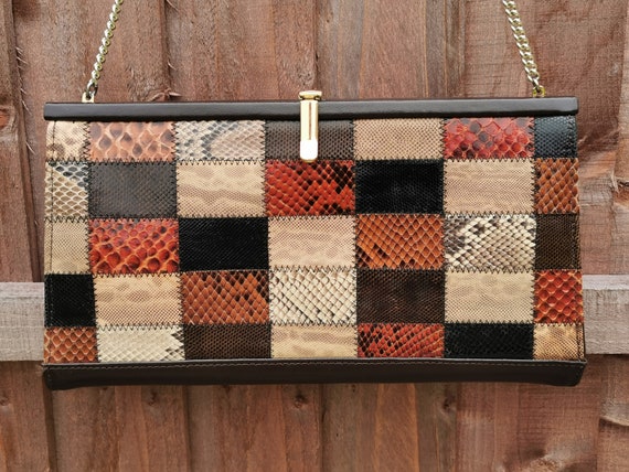 Pochette Vintage En Peau De Serpent - Couleur Camel, Style Fourre-tout, Doublure Cuir Beige, Occasion