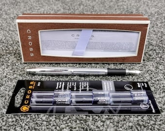 Vintage Fountain Pen by Cross: Stainless Steel, M Tip, Original Box & New Ink Included