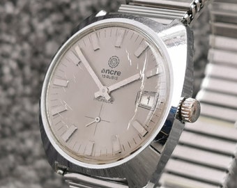 Vintage French ANCRE 15 Rubis Hand Wind Watch Round Stainless Steel Expanding Bracelet