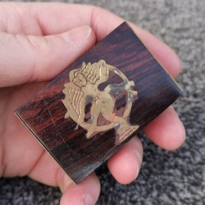 Vintage Snuff Box, 2.2&quot; Pocket Size Hardwood and Decorative Brass Inlay Handmade