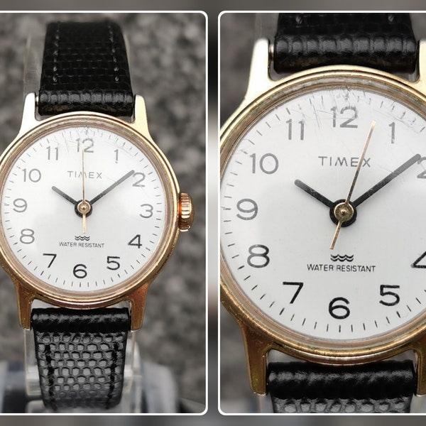 Montre Timex vintage Grande-Bretagne cadran blanc rond boîtier plaqué or bracelet en cuir grainé exotique