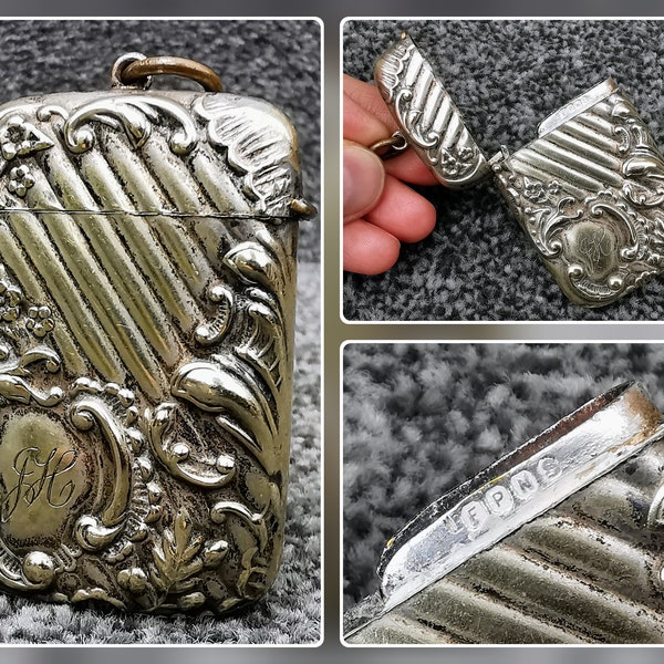 Antique EPNS Silver Plated Vesta Case Match Safe Filigree Repousse Design, Monogrammed JH