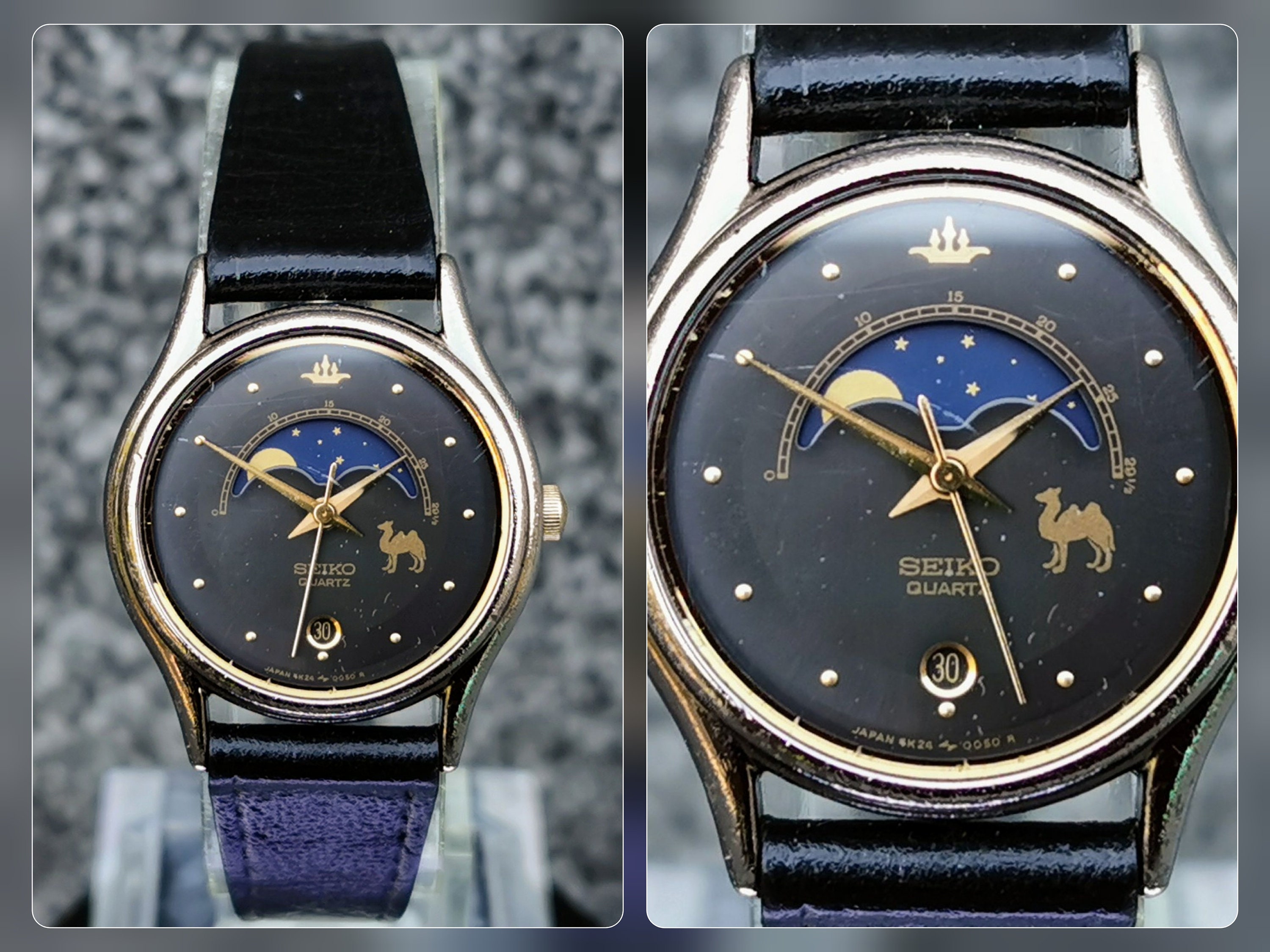 1990's RARE Moonphase Quartz Watch Round Dial Black -