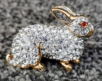 Vintage A&S Attwood en Sawyer Rabbit-broche, Swarovski-kristal, 22-karaats verguld