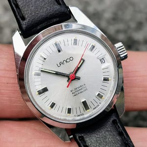 Vintage 1960s LANCO Swiss Automatic Watch 21 Jewels, Silver Dial, Date, Genuine Leather Strap