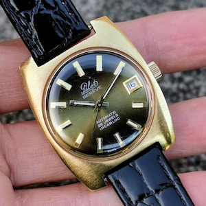 1960s Pilot Geneve Automatic 25 Jewels Watch, Gold-Plated Casing, Date, Exotic Leather Strap