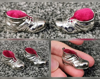 Vintage Pair 925 Sterling Silver Danish Old Boot Shoe Pin Cushion, Toe Thread Cutter, Miniature Collectable