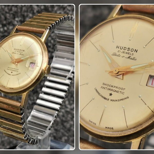 1960s Vintage Hudson Extra Slim Watch Date-o-Matic Swiss Made 21 Jewels Gold-Plated Expanding Bracelet