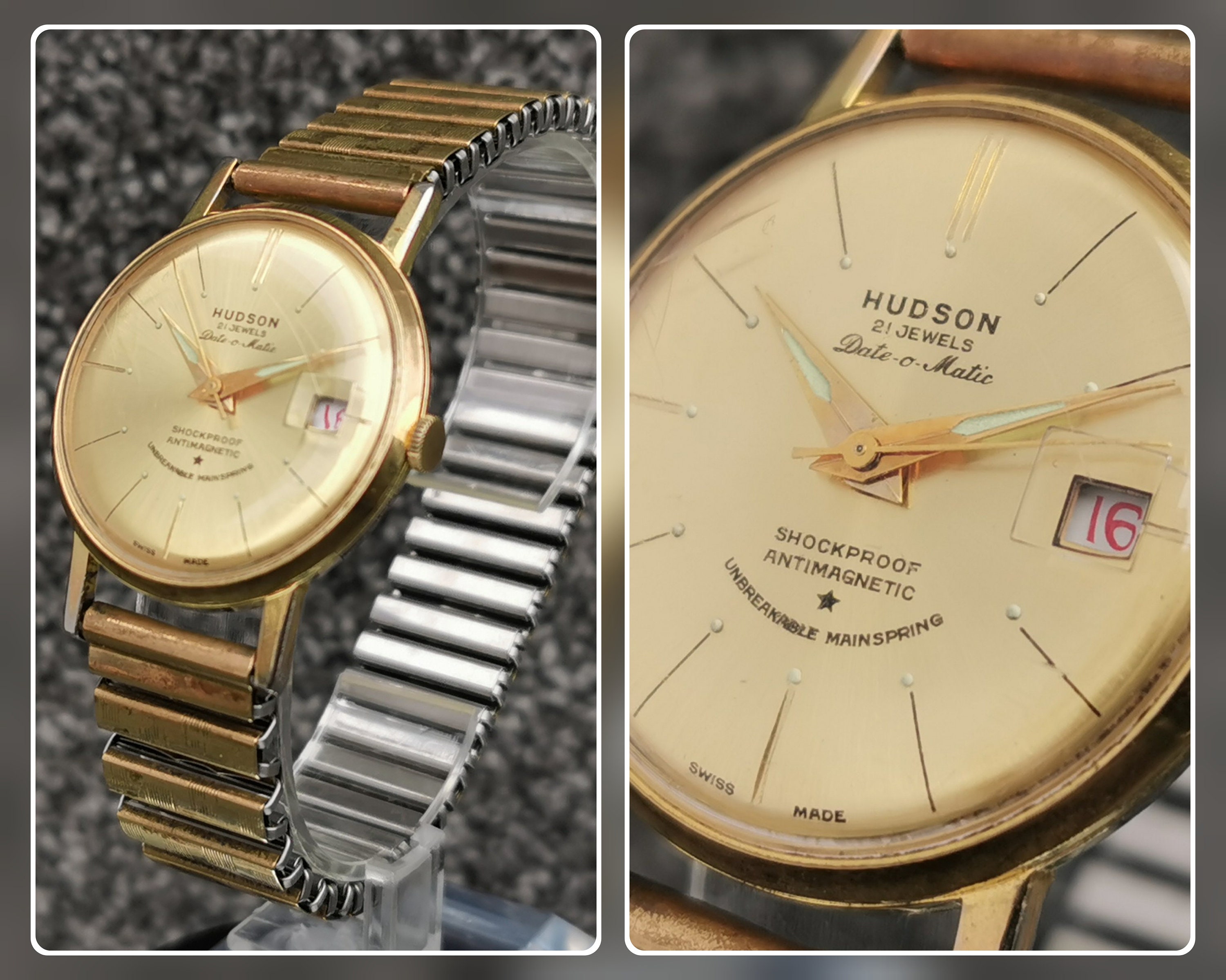 1960s Vintage Hudson Extra Slim Watch Date o Matic Swiss Made 21 Jewels Gold Plated Expanding Bracelet