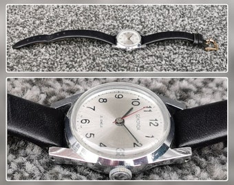 Jaren '70 Vintage SEKONDA mechanisch horloge 17 juwelen ronde geborstelde zilveren wijzerplaat lederen band