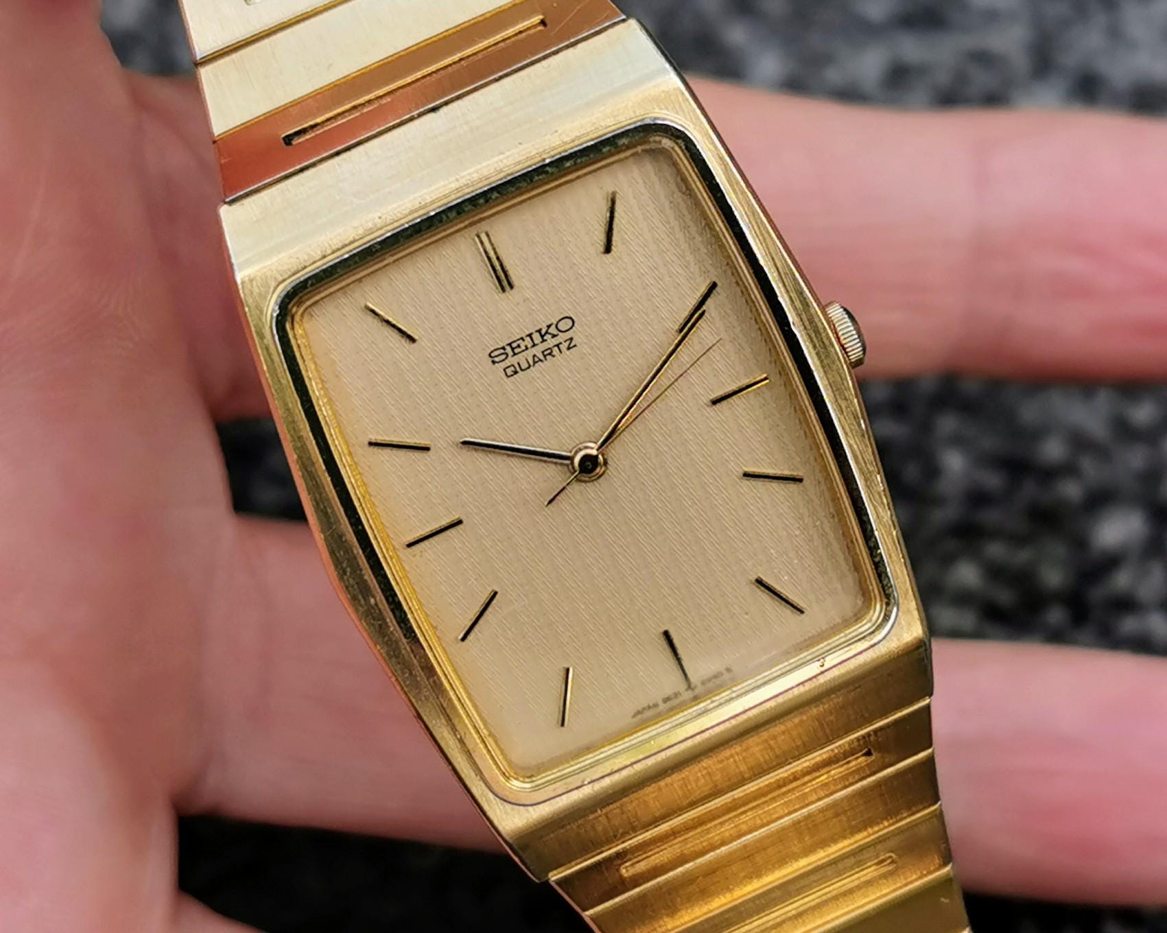 1992 Seiko Quartz Tank Watch, Pinstripe Dial, Yellow Gold-plated