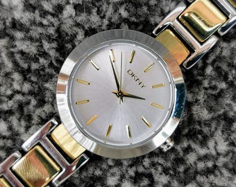 DKNY Quartz Watch Round Dial, Two-Tone Gold-Plated Stainless Steel Bracelet