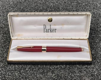 Vintage Parker 17 Super Fountain Pen 14k Nib English Red Gold Trim, Ink Converter, Boxed