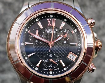 Casio SHEEN Uhr Keramik Rose Gold Lunette Rundes Schwarzes Zifferblatt Edelstahl Armband SHE 5516 Etsy