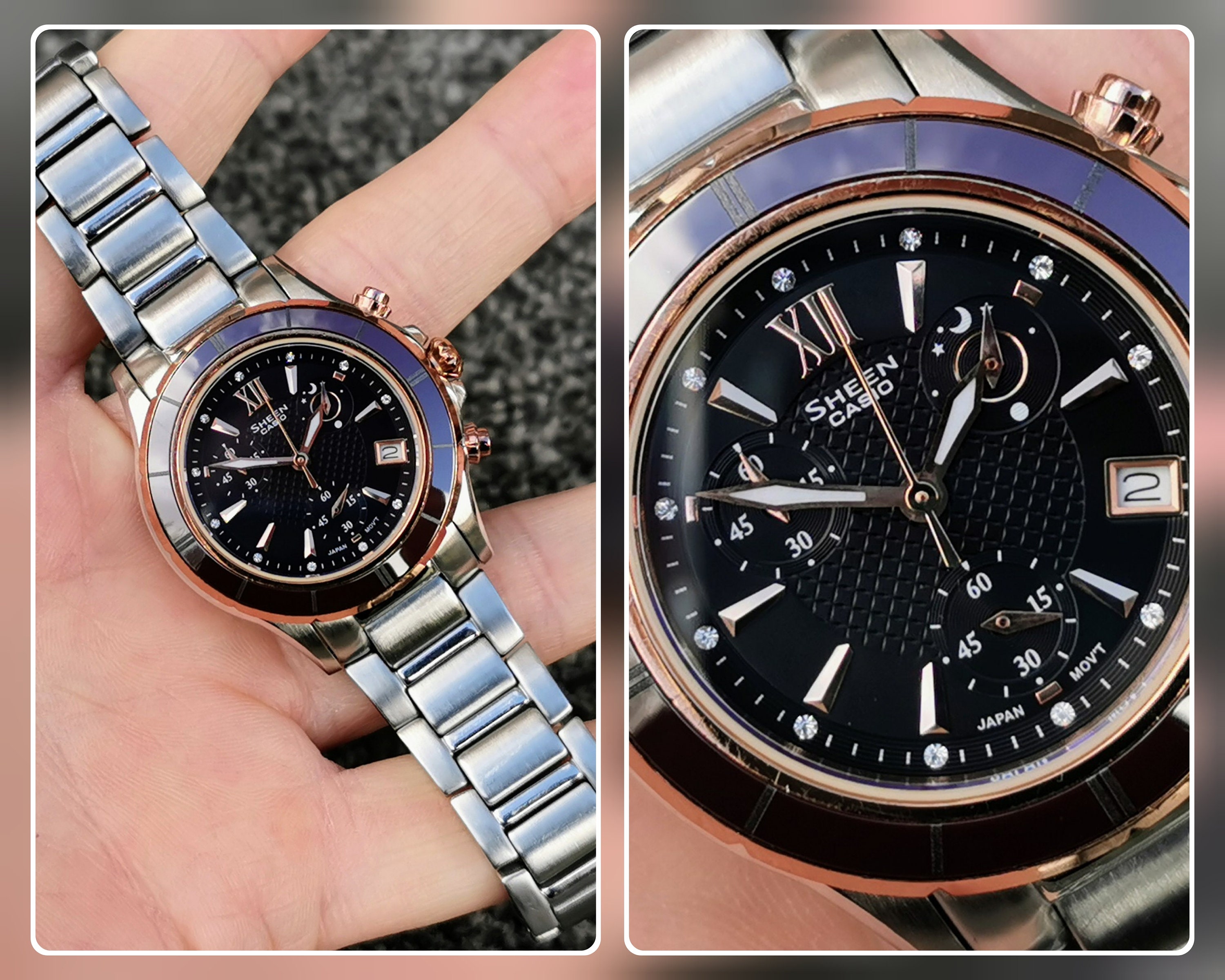 Casio SHEEN Watch Ceramic Rose Gold Bezel Round Black Dial