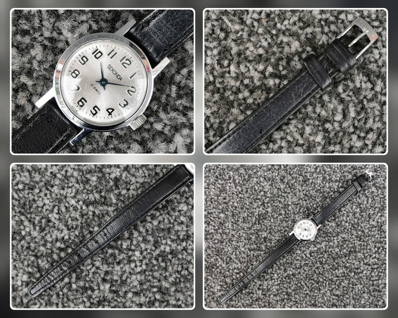 Vintage Sekonda horloge uit de jaren 70, 17 juwelen ronde geborstelde zilveren wijzerplaat lederen band afbeelding 4