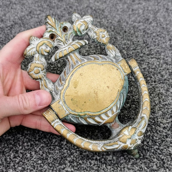 Vintage Solid Brass Cast Door Knocker, Art Deco Urn, Open Cartouche, 7.2" x 4.6"
