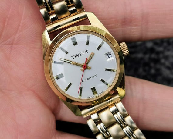 スイス製ティソ自動巻き腕時計：金メッキブレスレット、レトロ 
