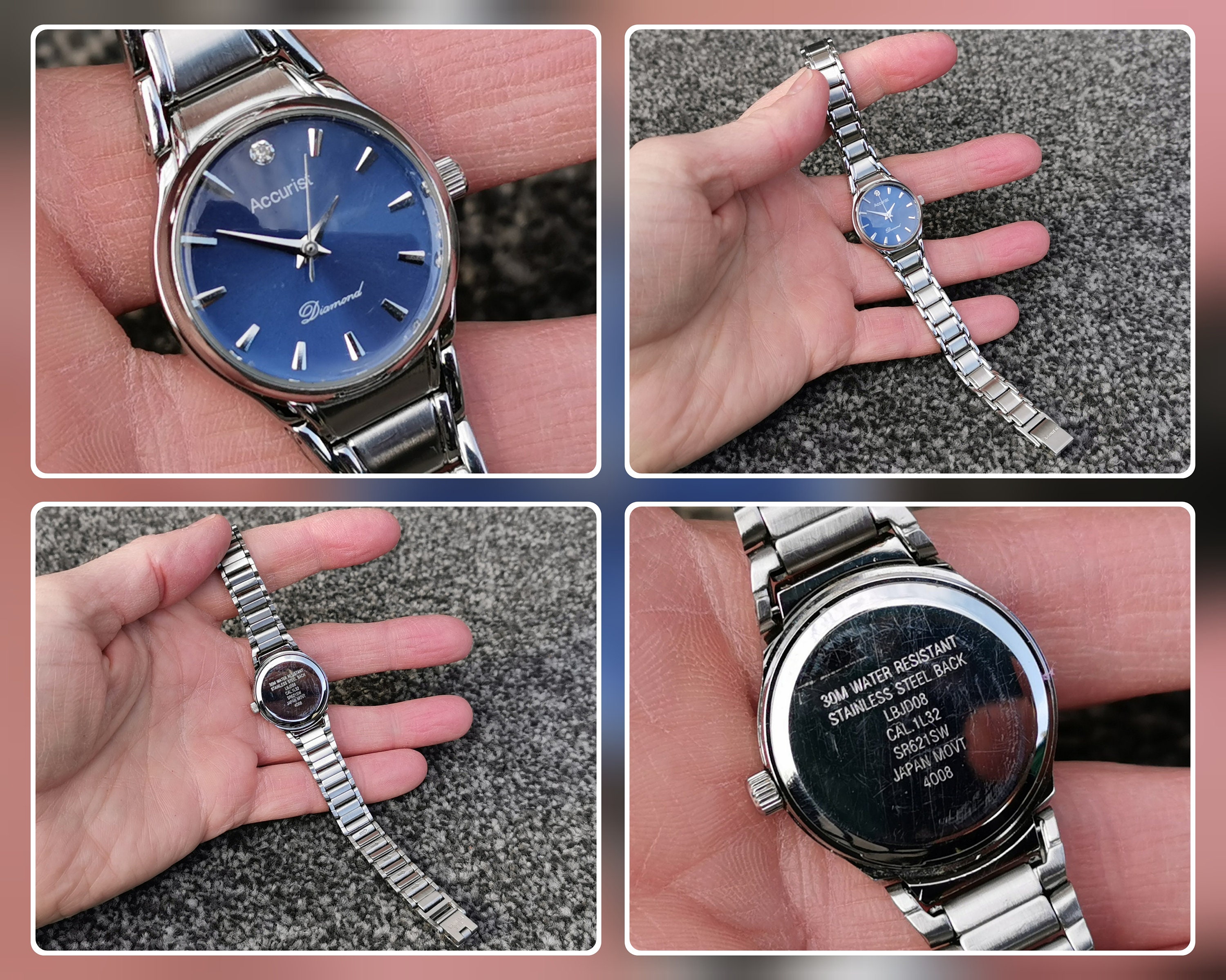 Classic DIAMOND Accurist Quartz Watch Round Blue Dial Stainless Steel Bracelet Etsy