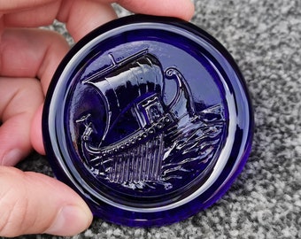 Bristol Blue Glass Coaster, Vintage Roman Trireme Warship Ship, Cobalt Paperweight Ornament Light Diffuser, Gift For Mum Dad Idea!