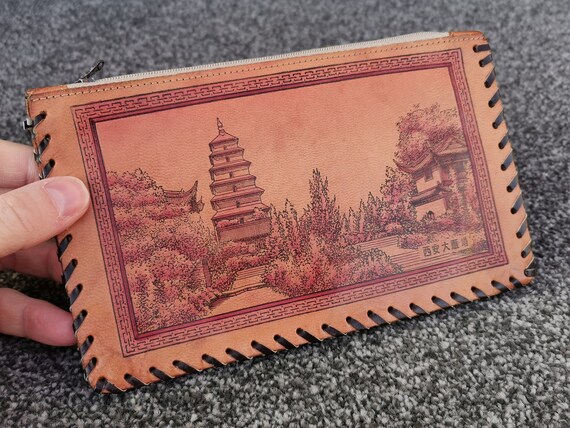 Giant Wild Goose Pagoda China, Vintage Tan Tooled… - image 9