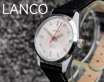 Vintage 1960s LANCO Swiss Automatic Watch 21 Jewels, Silver Dial, Date, Genuine Leather Strap
