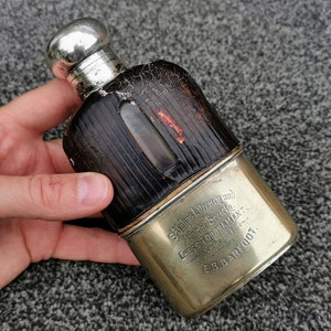 Antique Mappin & Webb Hip Flask, Leather Bound Blown Glass, Silver Plated Gilt Wash Hardware