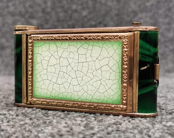 Vintage 1950s Powder Compact, Lipstick & Manicure Compartment, Green Marble Brass Bakelite