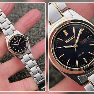Seiko SOLAR-klocka, blå urtavla, ljusgrå visare, E/F-dagarsdatum, rostfritt stålarmband bild 2